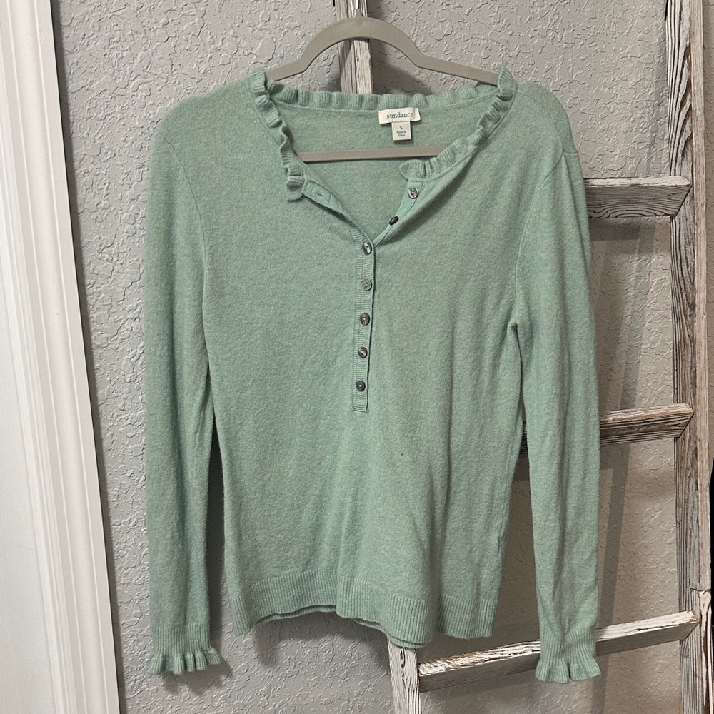 Sundance Mint Green Ruffle-Trim Henley Long Sleeve Top